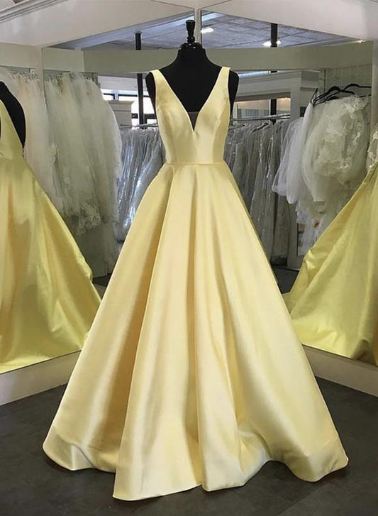 Yellow v neck satin long prom dress evening dress   cg15509
