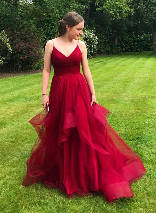 Burgundy v neck tulle long prom dress, evening dress cg1552