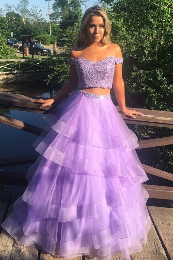 Off the Shoulder Two Pieces Lavender Lace Long Prom Dress, Off Shoulder Lavender Lace Formal Dress   cg15547