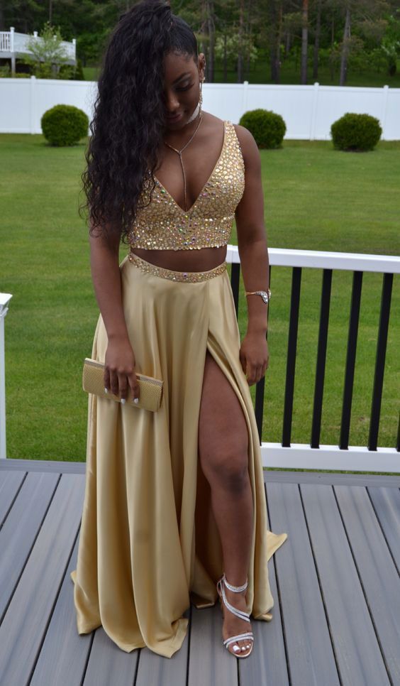 Gold two piece prom dresses, split side gold dresses   cg15588