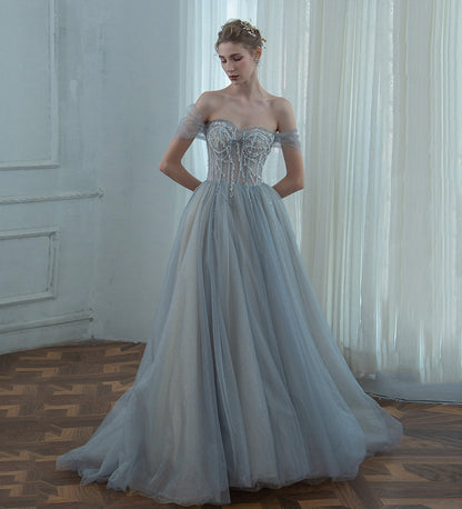 GREY TULLE BEADS LONG PROM DRESS EVENING DRESS   cg15622