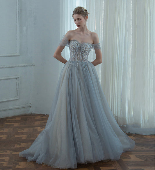 GREY TULLE BEADS LONG PROM DRESS EVENING DRESS   cg15622