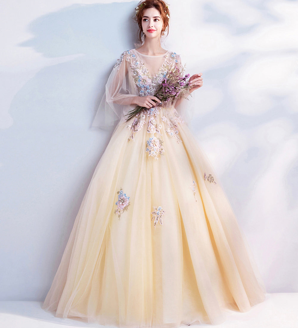 CHAMPAGNE LACE APPLIQUE LONG PROM DRESS EVENING DRESS   cg15623