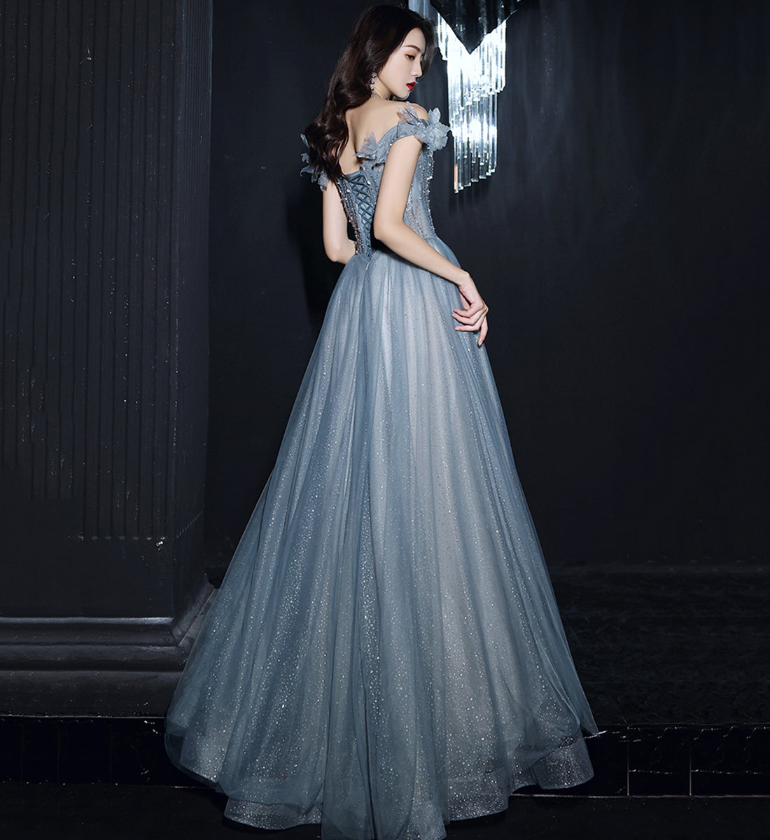 BLUE TULLE SEQUINS LONG PROM DRESS BLUE EVENING DRESS   cg15628