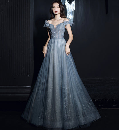 BLUE TULLE SEQUINS LONG PROM DRESS BLUE EVENING DRESS   cg15628