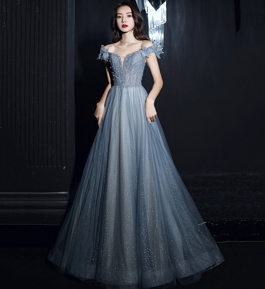 BLUE TULLE SEQUINS LONG PROM DRESS BLUE EVENING DRESS   cg15628