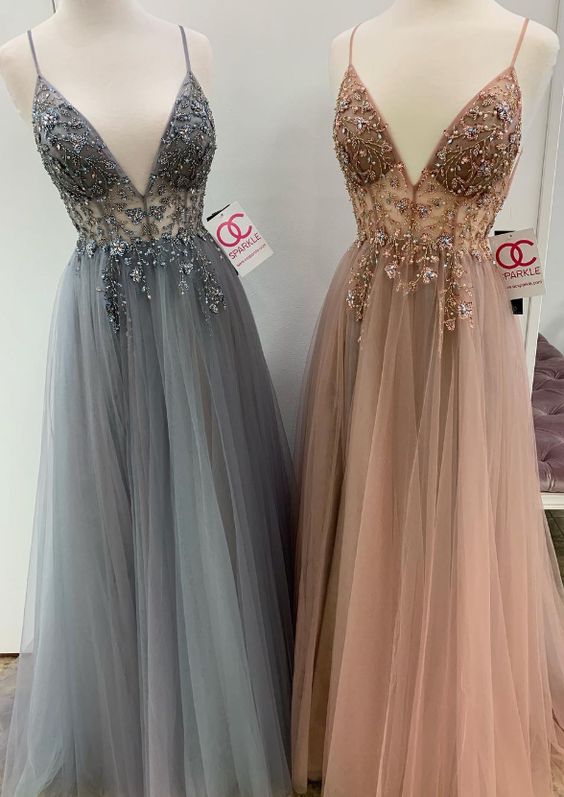 Sexy Straps V Neck Grey Long Evening Dresses, Champagne Prom Dresses Evening Dresses  cg1563