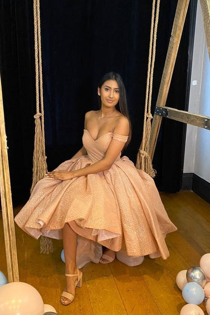 Champagne Off the Shoulder High Low prom Dress   cg15630