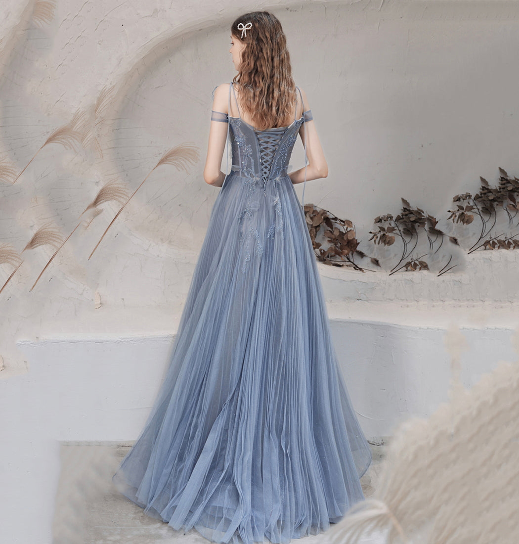 BLUE TULLE LONG PROM DRESS BLUE EVENING DRESS   cg15661