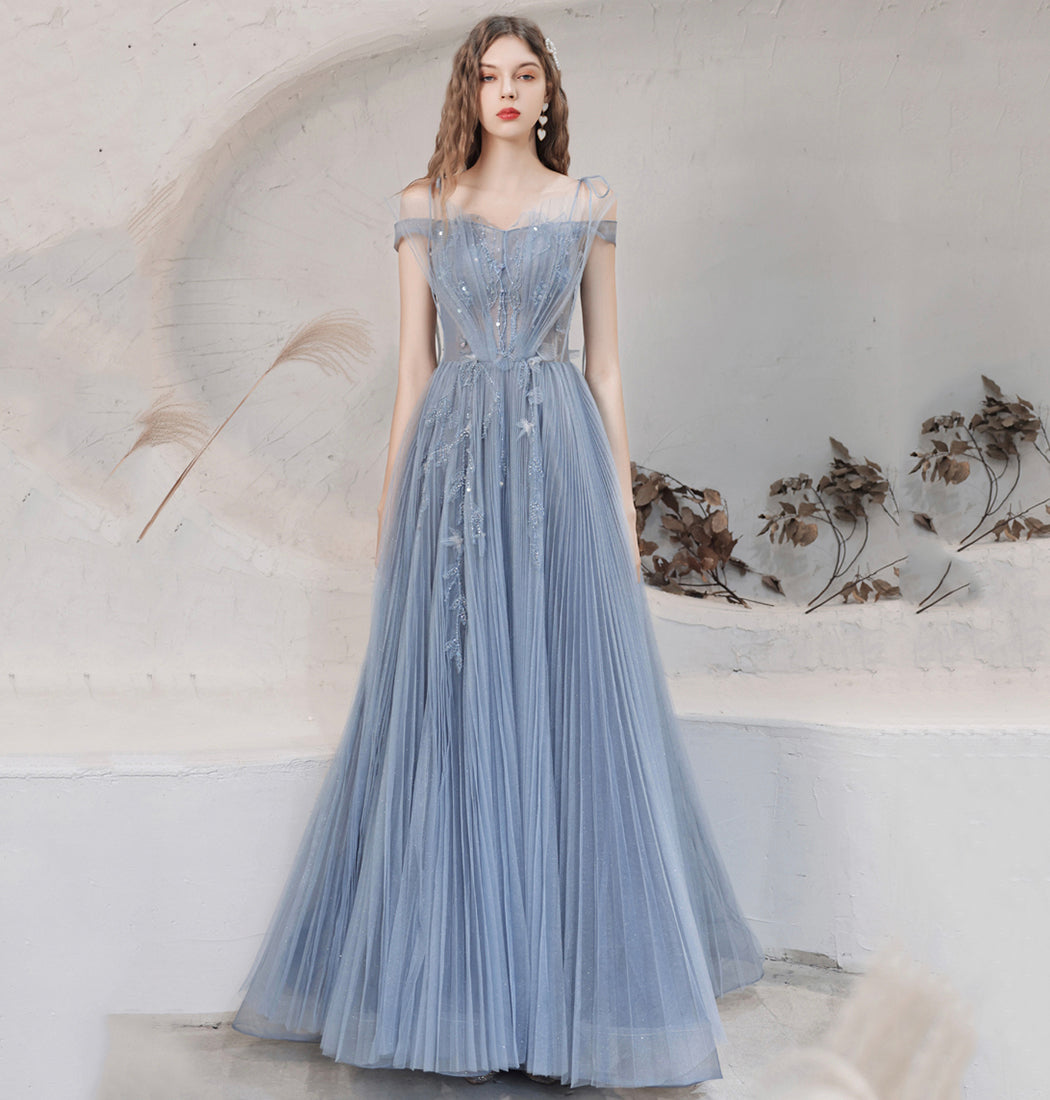 BLUE TULLE LONG PROM DRESS BLUE EVENING DRESS   cg15661