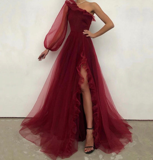 BURGUNDY ONE SHOULDER PROM DRESS EVENING DRESS   cg15685