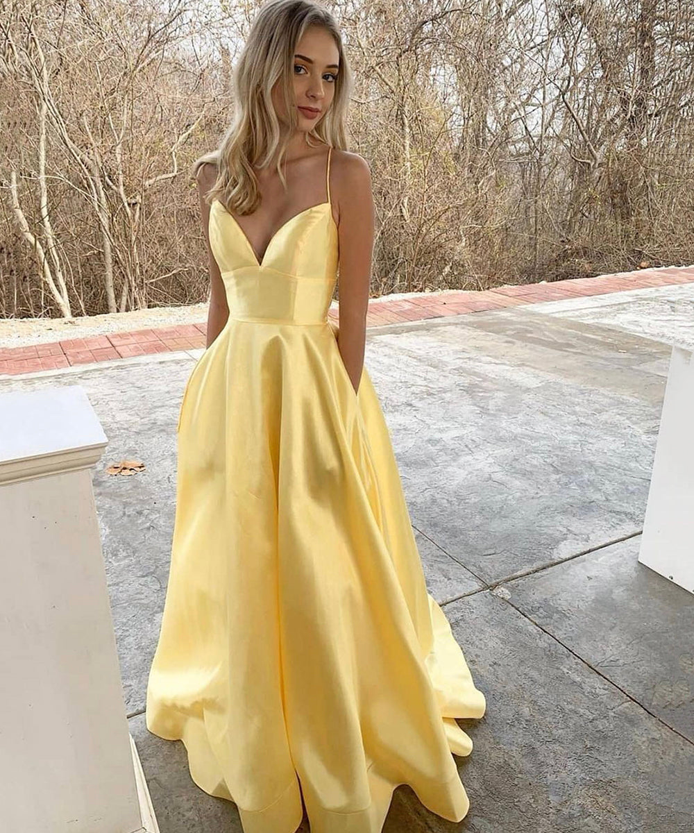 YELLOW SATIN LONG A LINE PROM DRESS EVENING DRESS    cg15686