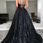 A Line V Neck Spaghetti Straps Black Sequins Prom/Evening Dresses   cg15730