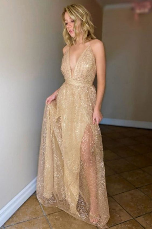 Champagne V-Neck Backless Glitter Tulle Long Formal prom Dress    cg15739