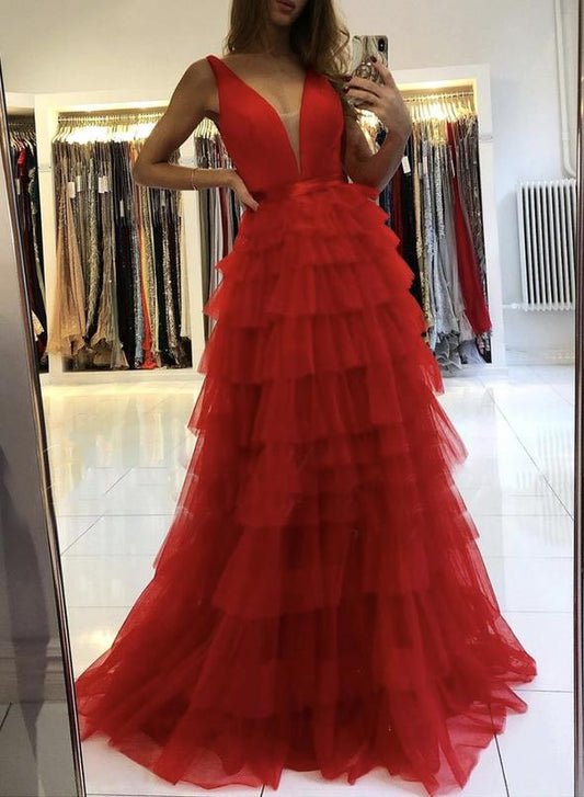 Red v neck tulle long prom dress red evening dress   cg15743