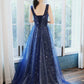 Charming Navy Blue Long Party Dress With Sequins, Blue Evening Gown Prom Dress   cg15749