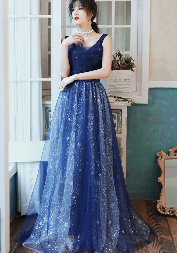 Charming Navy Blue Long Party Dress With Sequins, Blue Evening Gown Prom Dress   cg15749