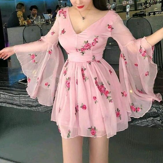 Floral Print Flared Sleeve Pleated Chiffon Dress ,cheap homecoming dress cg158