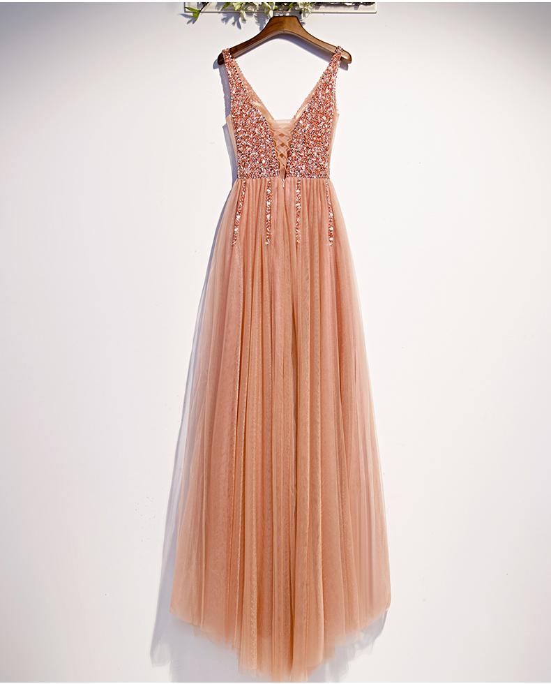 Pearl Pink Beaded Slit V-Neckline Long Junior Prom Dress, Pink Evening Dress    cg15814