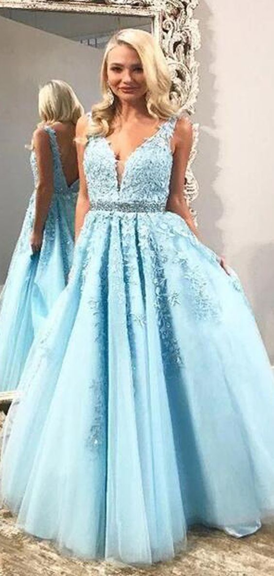 Charming Blue V-Neck Tulle Prom Dresses With Lace    cg15831