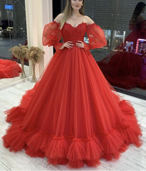Elegant Red Tulle Ball Gown prom Dresses   cg15856