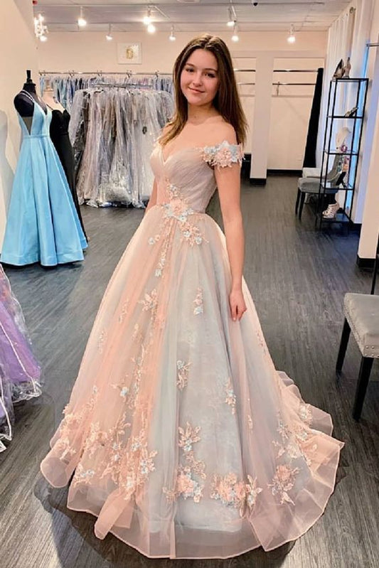 princess off the shoulder pink long and floral prom dress quincerean dress   cg15867