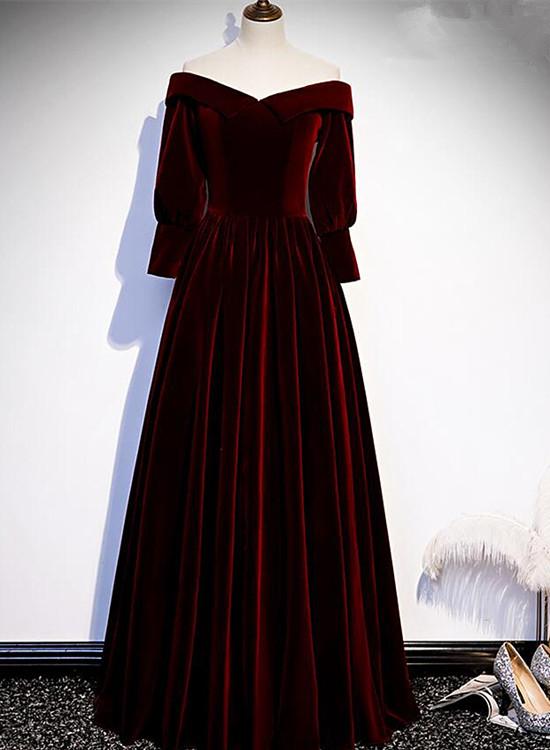Chic Off Shoulder Long Sleeves Velvet Party Dress, Wine Red Prom Dress Evening Dress   cg15883