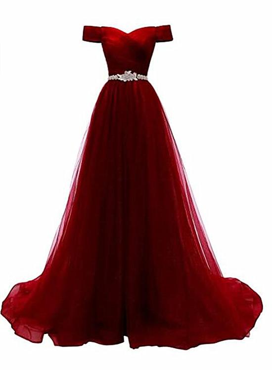 Pretty Dark Red Off Shoulder Long Party Dress With Beadings Prom Dress    cg15885
