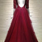 Wine tulle short sleeves sequins V-neck A-line long mother prom dress, evening dresses for prom   cg15901