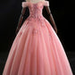 Pink Ball Gown Off Shoulder Prom Dress with Flowers   cg15902