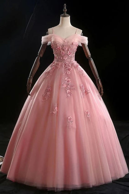 Pink Ball Gown Off Shoulder Prom Dress with Flowers   cg15902