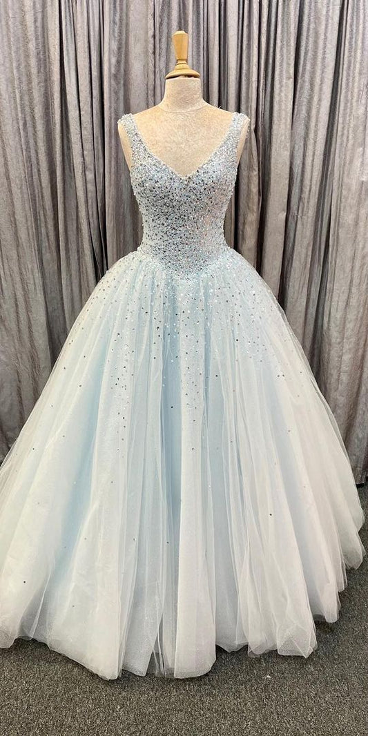 Sparkle A-line Light Blue Tulle Ball Gown prom dresses   cg15918