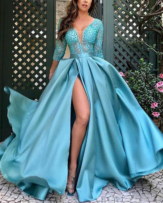 Lace Beading Appliqued Long Sleeves Turquoise Women Formal Evening Dress with sexy slit    cg15983