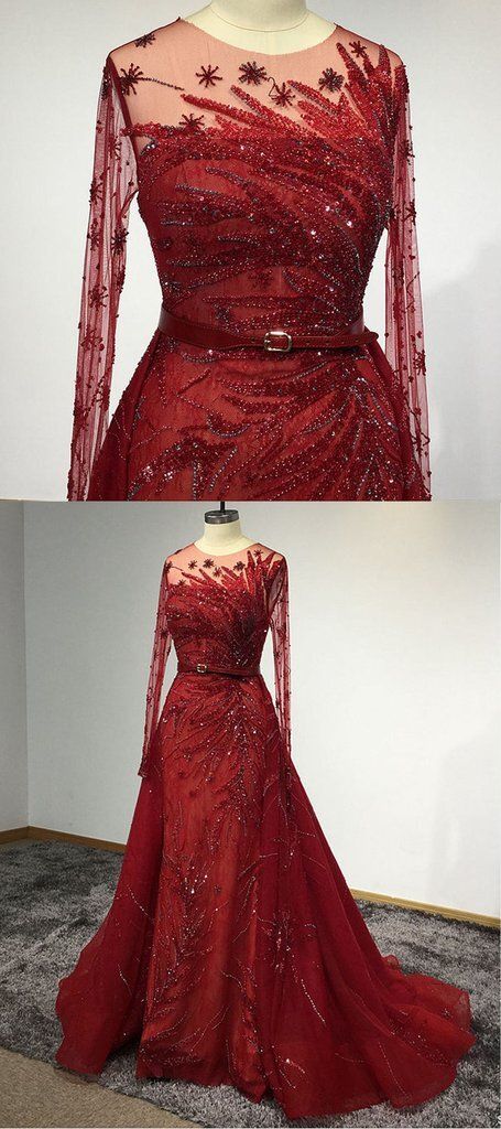 Unique Red Tulle Beaded Long Mermaid Chapel Train Prom Dress, Formal Dress   cg15984