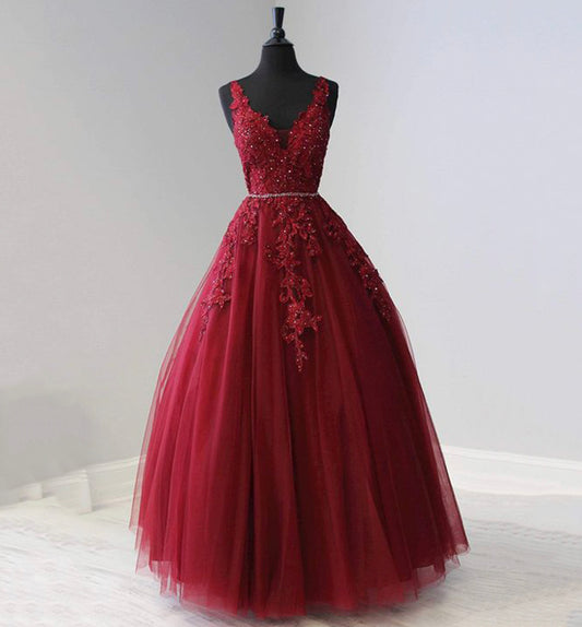 BURGUNDY V NECK LACE LONG PROM DRESS EVENING DRESS    cg15998