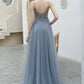 Elegant V Neck Backless Grey Long Beaded Prom Dress with Slit   cg16014