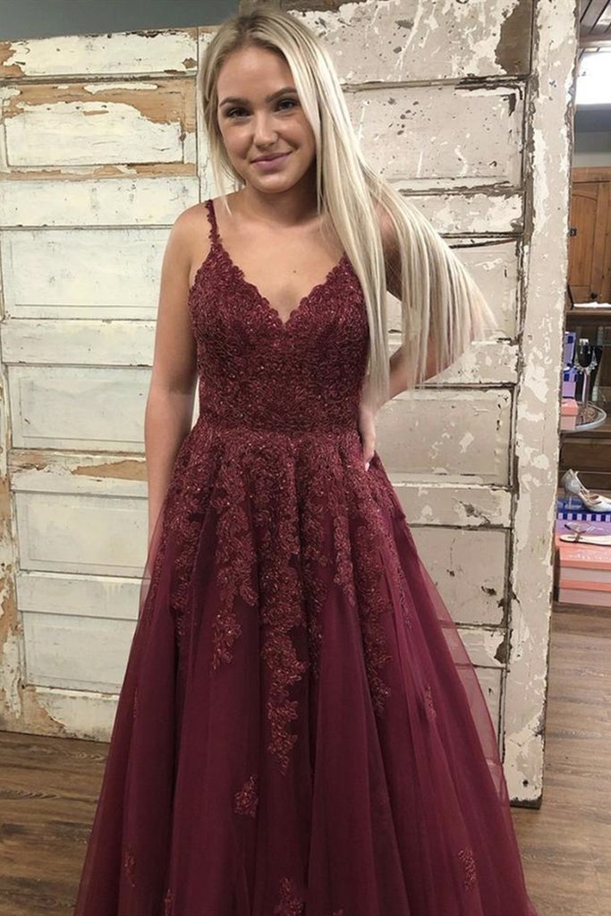 Burgundy V Neck Backless Lace Long Prom Dress,   cg16015