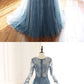 Blue tulle lace Long sleeve prom dress, blue bridesmaid dress cg1602