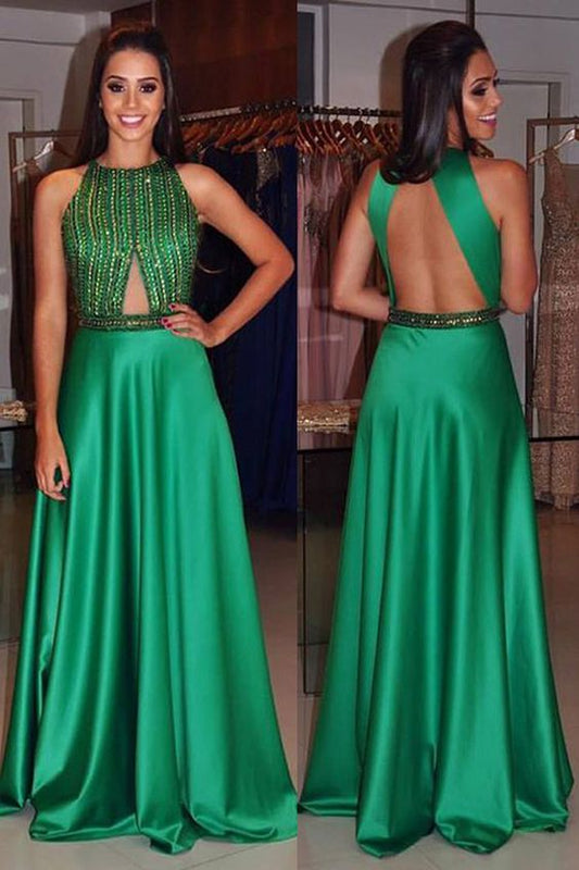 O-Neck Beading A-Line Satin Prom Dresses,Long Prom Dresses,Cheap Prom Dresses   cg16036