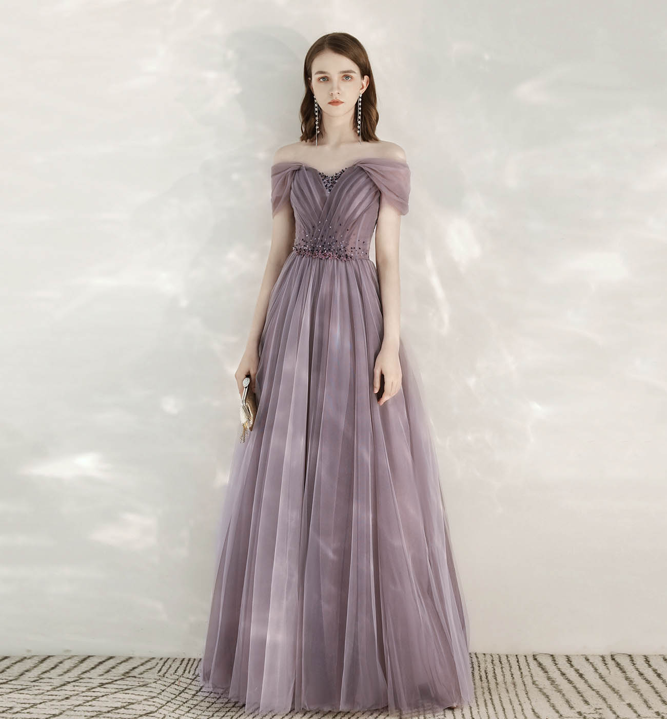PURPLE TULLE BEADS LONG PROM DRESS EVENING DRESS   cg16052