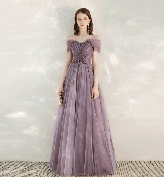 PURPLE TULLE BEADS LONG PROM DRESS EVENING DRESS   cg16052