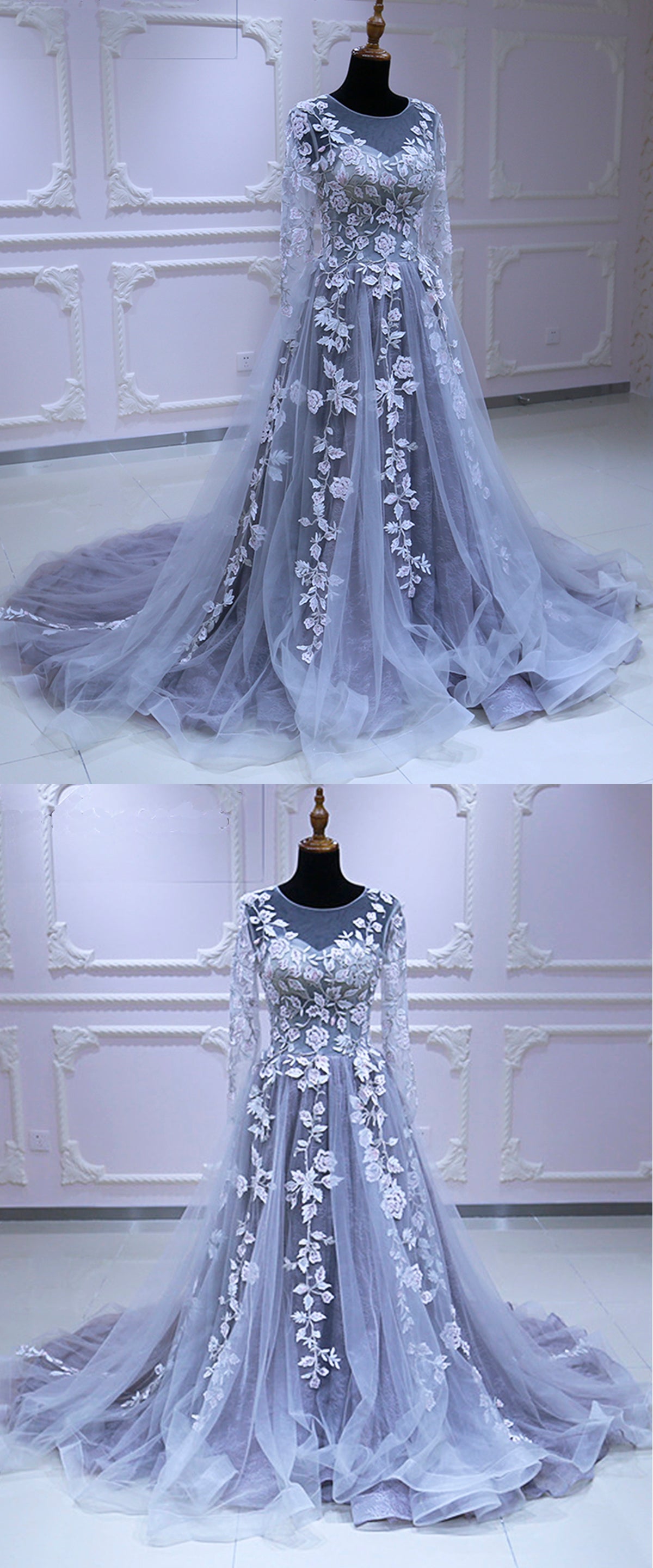 Spring Flower Lace Long Sleeve Pageant Prom Dress, Lace Evening Dress   cg16064