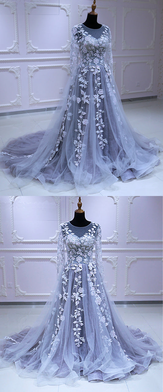 Spring Flower Lace Long Sleeve Pageant Prom Dress, Lace Evening Dress   cg16064