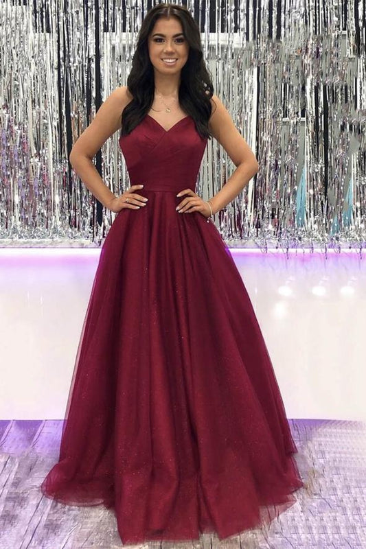 Burgundy v neck tulle long prom dress evening dress   cg16074