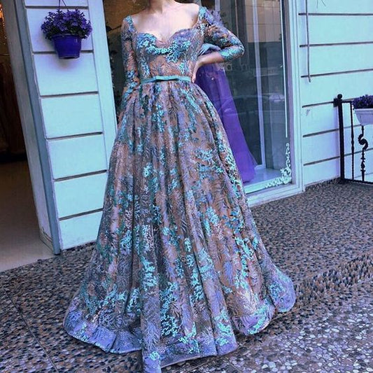 Tulle Long A Line Evening Dress Prom Dress With Long Sleeves   cg16099