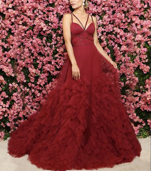 Criss Cross Neckline Prom Dresses Ruffles Ball Gown   cg16122