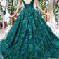Cap Sleeves Round Neck Open Back Green Lace Prom Dress    cg16147