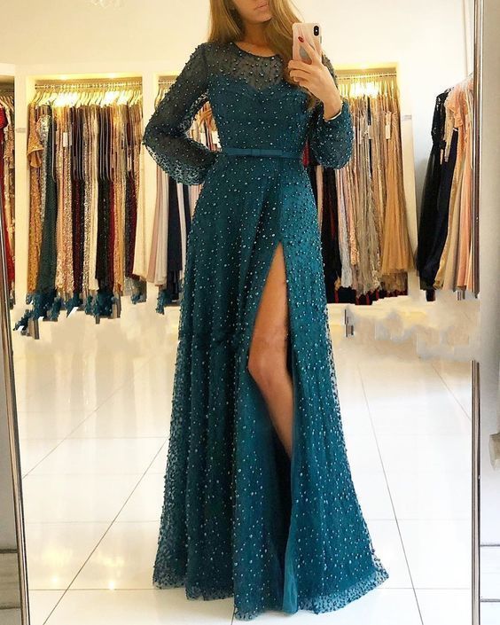 Floor Length Prom Dress With Split , Long Sleeves Prom Dress    cg16172