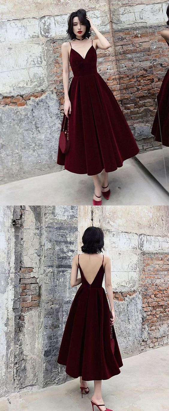 Simple burgundy tea Length prom dress, burgundy bridesmaid dress cg1619