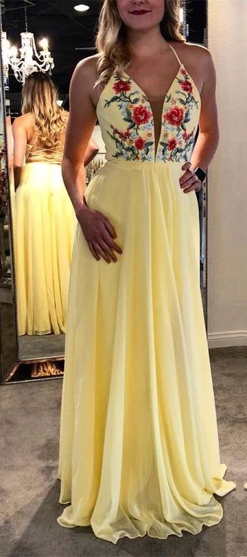 Yellow Prom Dress,Chiffon Evening Dresses,Appliques Prom Dresses,Halter Prom Gown   cg16196